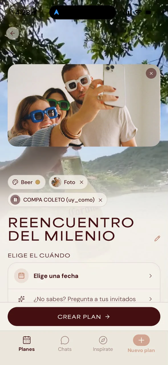 Crear un plan en Momenta: el título, una foto y la fecha