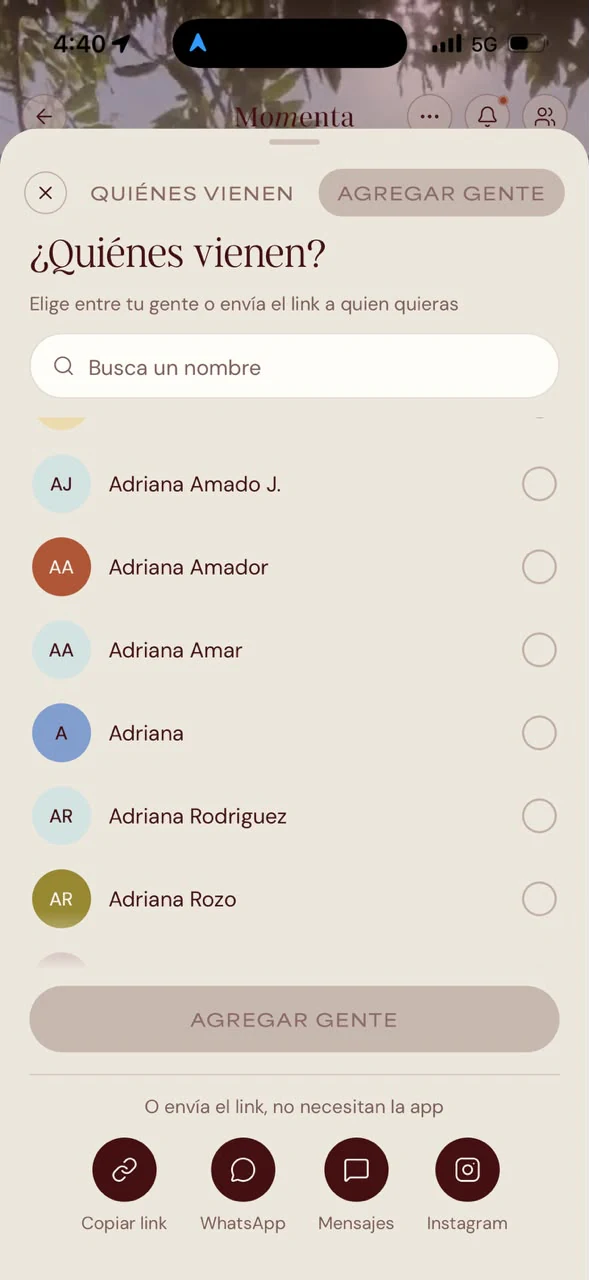 Invitar a tu gente desde tus contactos o con el link